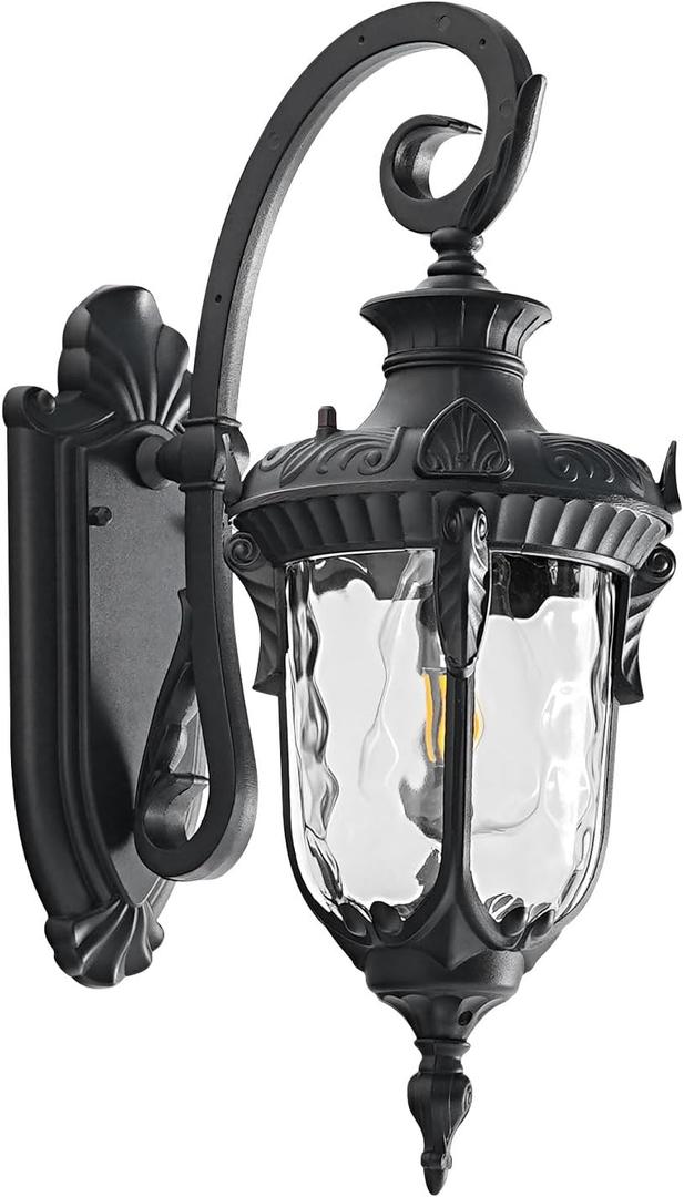Outdoor Wall Lights, Waterproof Aluminum Porch Wall Light for Outside House, Patio, Yard, Garden, Black Gooseneck Exterior Wall Sconce, Hardwired Outdoor Acorn Shape Lantern Lamp, Water Ripple Glass (1 Pack, Regular)