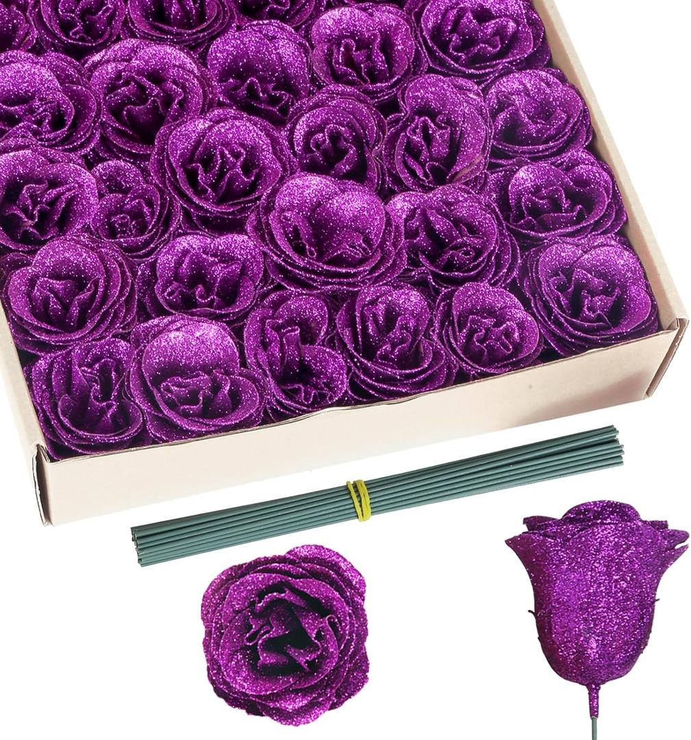 Glitter Roses Bouquet,30PCS Fake Purple Roses Glitter Flowers for Crafts Wedding Bouquet Party Christmas Home Decor(Dark Purple)