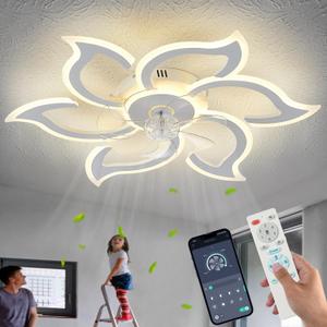 35" White Flower Ceiling Fan with Light Remote Control, 3 Light Color 6 Speeds Flush Mount Low Profile Ceiling Fan for Bedroom Kitchen