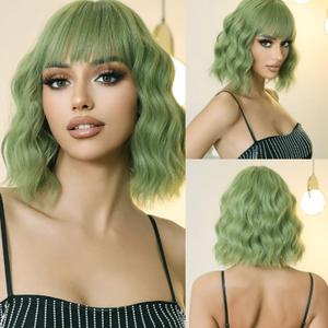 Incohair Green Wig with Bangs - Short Curly Wavy Bob Synthetic Party Wig - Matcha Green, Cap Included