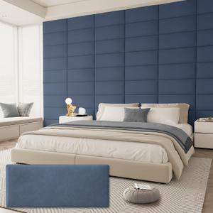 Upholstered Headboard for Full Twin Size Bed, Wall Mounted & Peel and Stick Headboard, Soundproof DIY Wall Panels, Leather Head Board in Modern Design for Bedroom (6 Panels, Each 23.62"x9.84" (Dark Blue-leather)