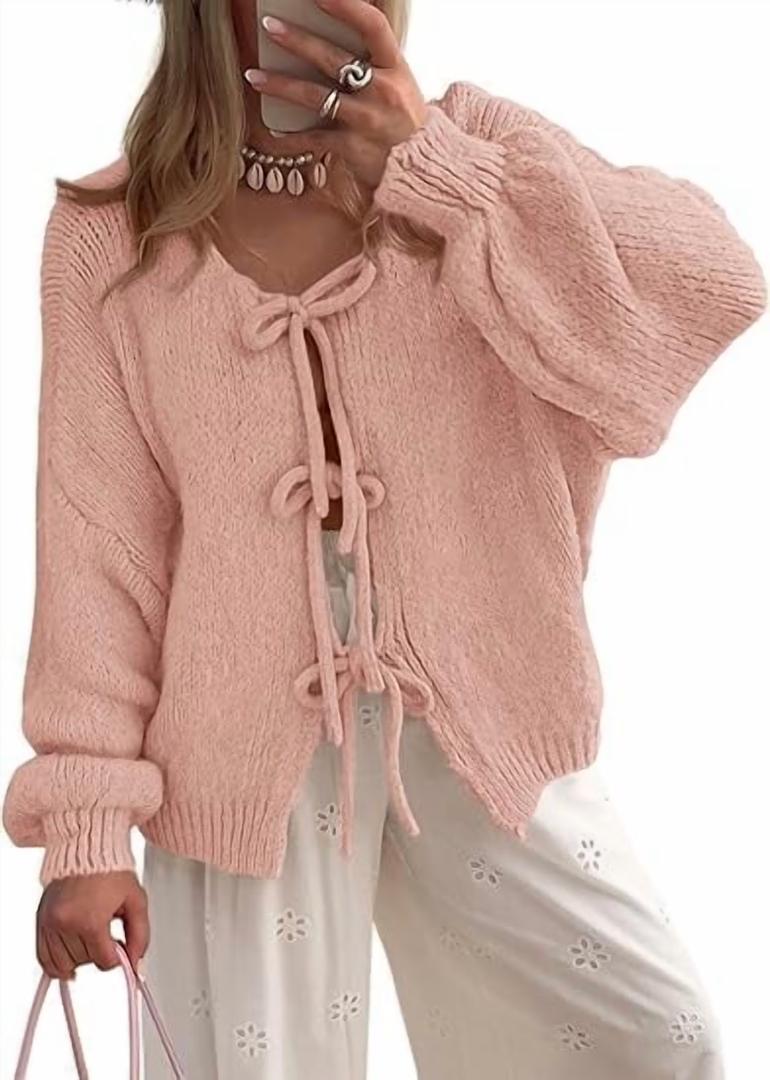 Women's Tie Front Bow Cardigan Sweaters Chunky Knit Long Puff Sleeve Trendy Fall Winter Jacket Coats, XL, Pink