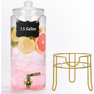 Glass Drink Dispensers For Parties, 1.5 Gallon Beverage Dispenser With Glass Airtight Lids, Gold Metal Stand And Stainless Steel Spigot. Lemonade & Juice Dispenser With Chalk board-One Pack