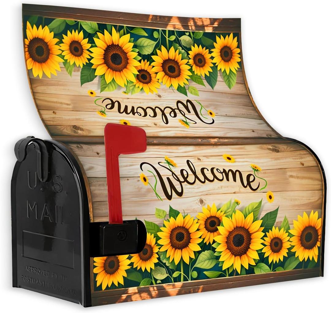 Sunflower Welcome Mailbox Cover Magnetic Standard Size 21x18 Inch Wooden Background Floral Letter Box Cover for Outdoor Garden Yard Decor