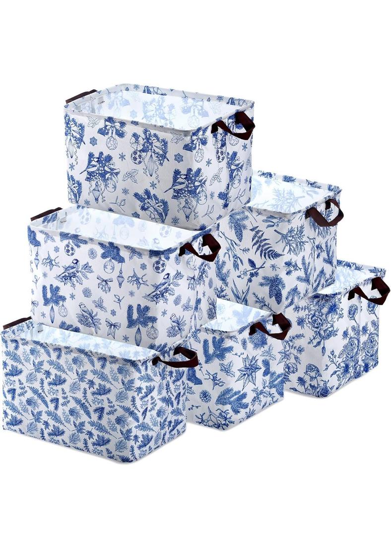 Vesici 6 Pack Christmas Basket for Gifts Empty Watercolor Blue Floral Christmas Storage Bins with Handle Foldable Storage Box Canvas Laundry Basket for Xmas Office Home Bedroom Clothes