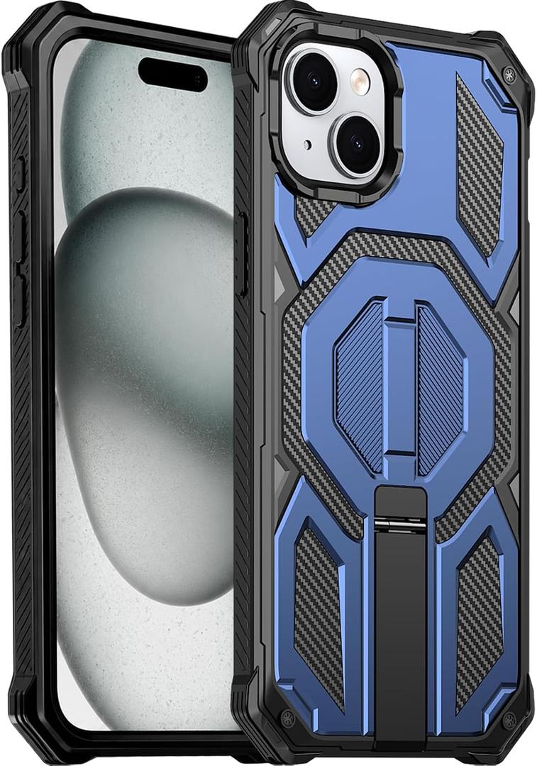 for iPhone 15 Magnetic Case with Screen Protectors, Blue | Compatible with MagSafe, Concealed Kickstand, 2 Pack Screen Protectors, Military Grade, Double Layer, Shockproof Protection