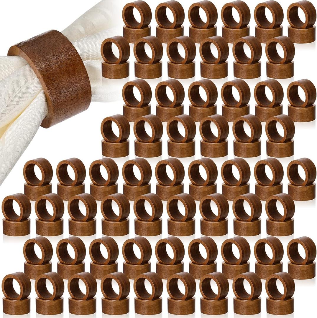 Zhehao 100 Pcs Wood Napkin Rings Bulk Acacia Brown Table Napkin Holder Buckles for Easter Wedding Dinner Holiday Table Decoration