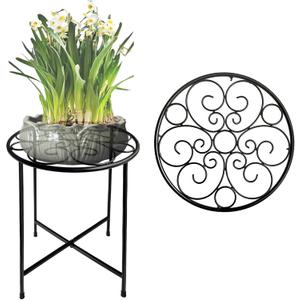 Plant Stand, 15'' Tall Indoor Outdoor Set of 1, Retro Design Round, Rust-Proof Coated Metal Pot Stand for Flowers, Patio Garden Home Decor - Black