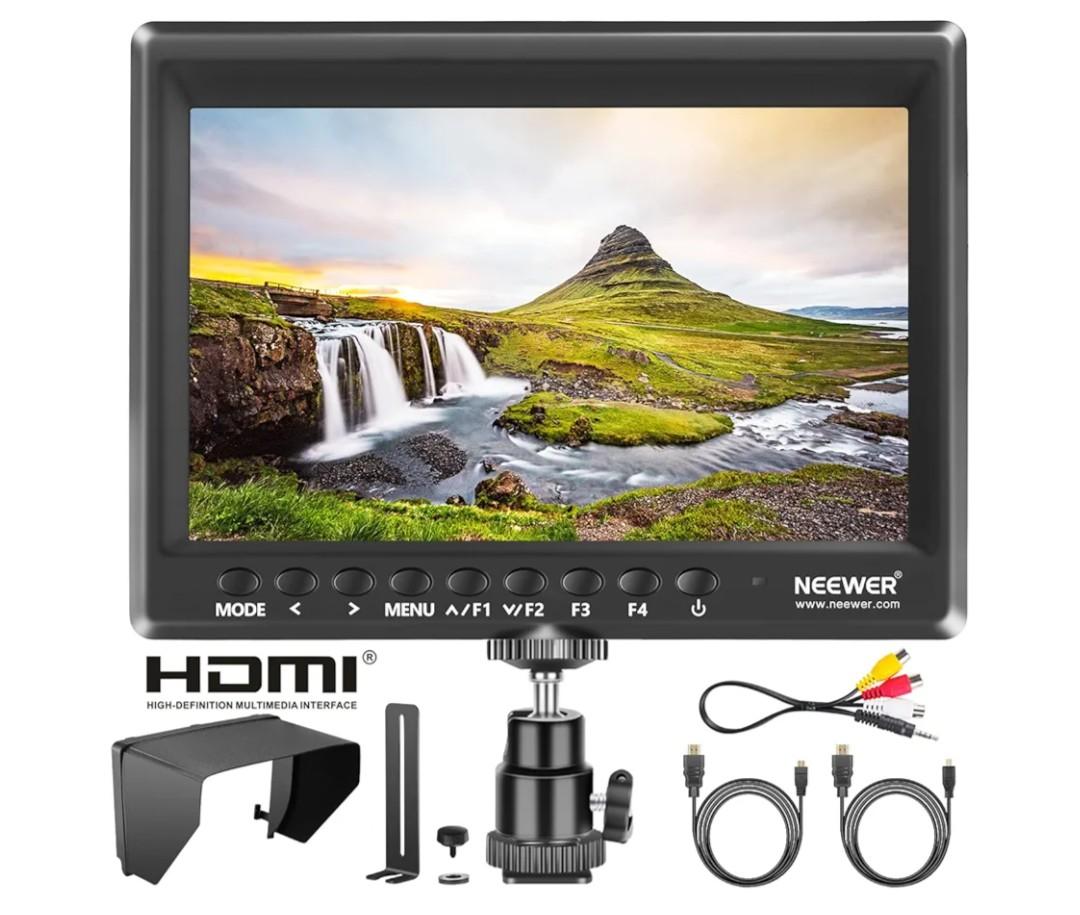 Neewer F100 7inch Camera Field Monitor HD Video Assist IPS 1280x800 HDMI Input 1080p with Sunshade and Ball Head for DSLR Cameras, Handheld Stabilizer, Film Video Making Rig (Battery Not Included)