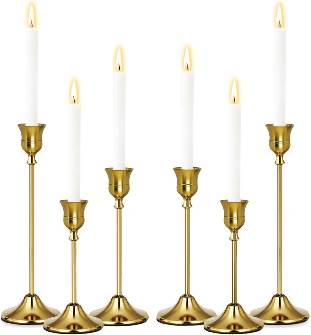 Gold Candlestick Holders Set of 6, Weighted, Metal Taper Candle Stick Holders, Vintage Christmas Brass Home Decor for Table, Mantel, Room Decorations Housewarming Gift Gold-6