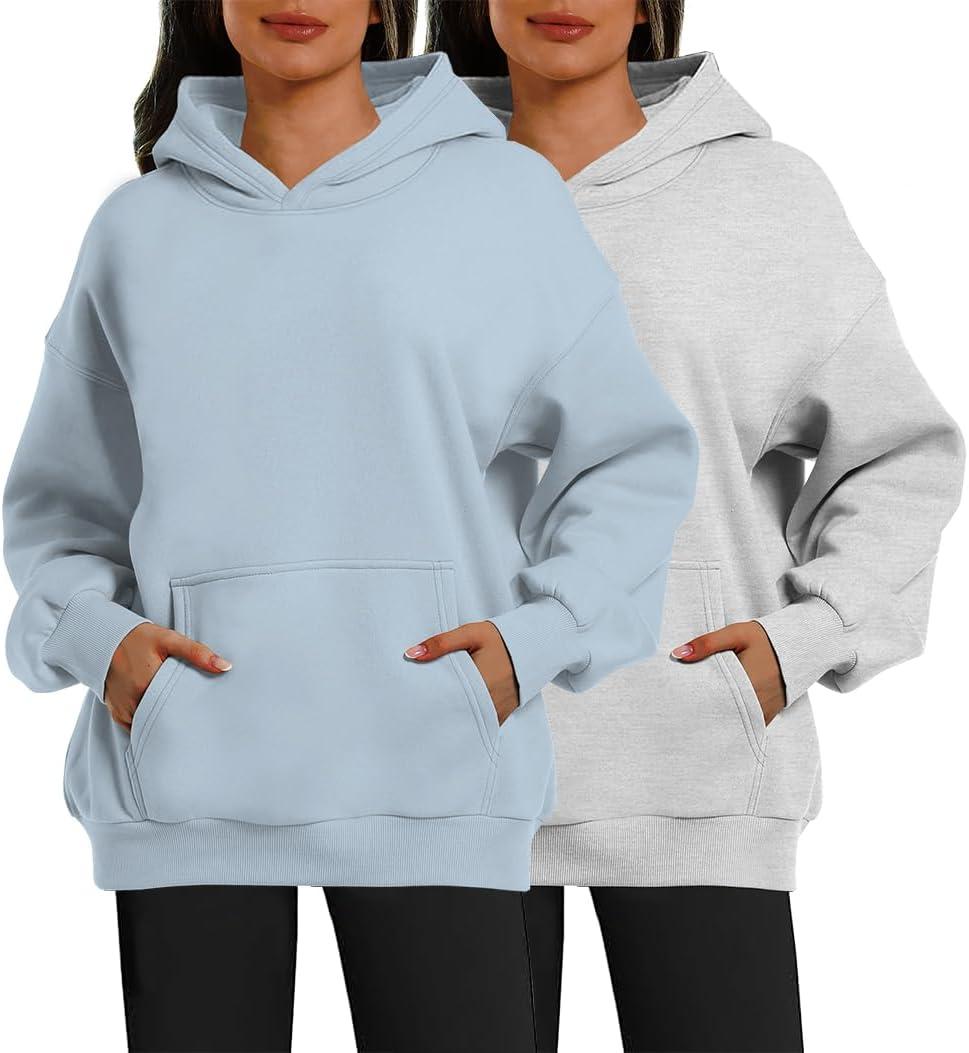 2 Pack Womens Oversized Hoodies Sweatshirts Fleece Hooded Pullover Tops Sweaters Casual Comfy Fall Fashion (X-Large, Heather Grey/Light Blue)