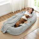 Human Dog Bed for Adult - Luxury Faux Fur Giant Size Dog Bed with Portable Handle, Egg Orthopedic Foam with Blanket, 72"x40"x10", Light Grey