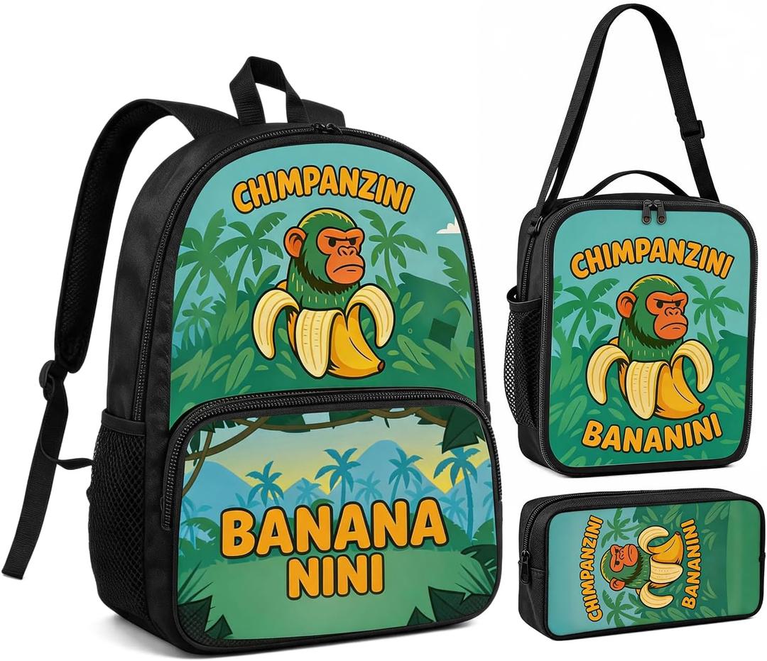 Zhazieon Tung Tung Tung Sahur Kids Backpack Set, Adjustable 3 in 1 School Backpack with Lunch Box and Pencil Case, Funny Shark Character School Bag for Boys Girls Elementary Students(Black-B3), Medium