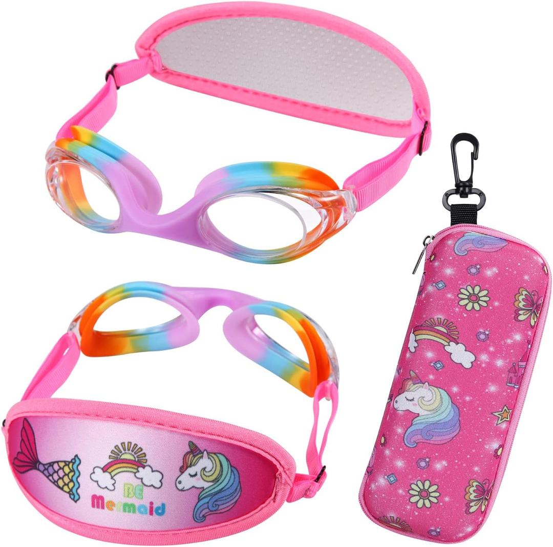 Kid swim goggles Age 3-8,Toddler Goggles No Hair Pull, Children Swimming goggles Fbric Strap (1pk - Jr Rainbow)