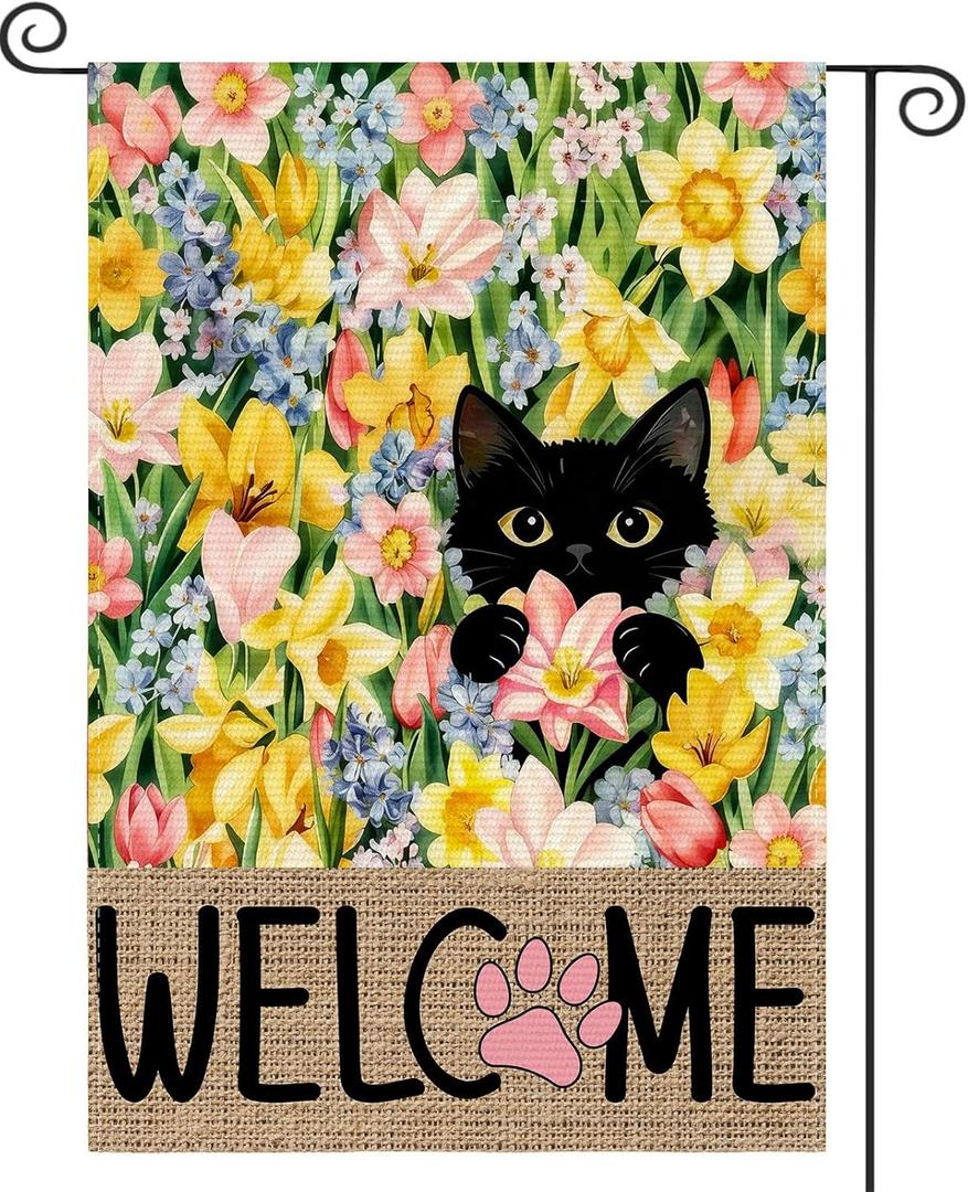 2 x Spring Floral Garden Flag, 12x18 Inch Double Sided Burlap Black Cat Welcome Yard Flag, Seasonal Holiday Lawn Proch Outdoor Outside Decor