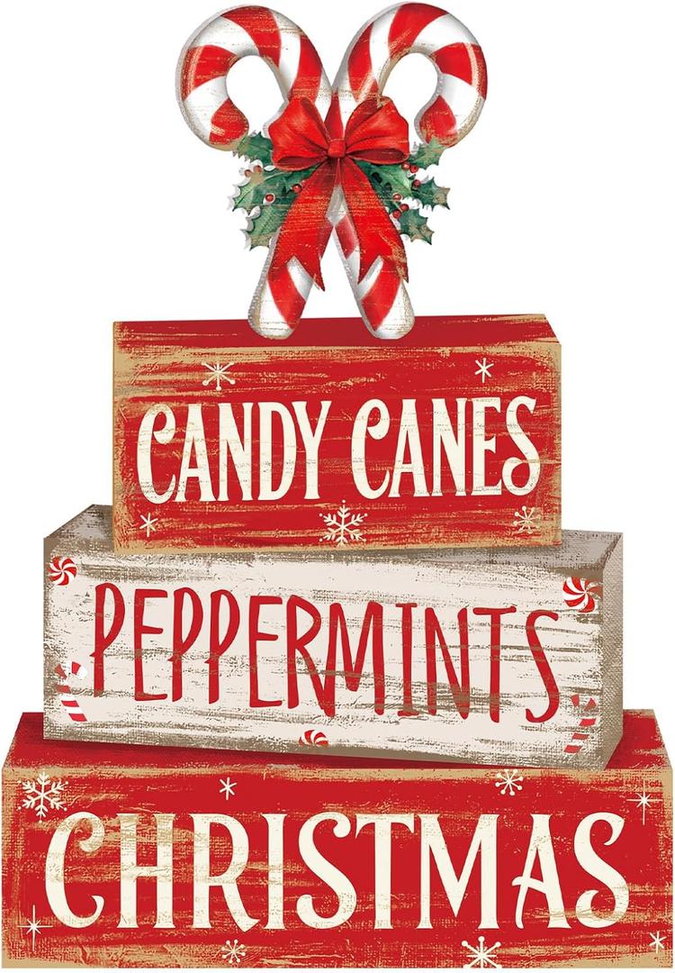 4 Pcs Christmas Candy Cane Table Decor Christmas Wooden Decorative Signage Red and White Stripes Candy Cane Xmas Tiered Tray Decor Centerpieces Farmhouse Wooden Block Set for Home