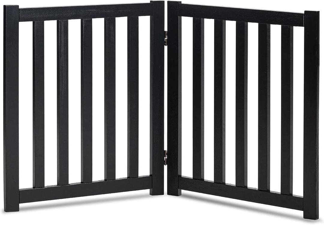 LZRS 2-Panel Wooden Free Standing Foldable Dog Gate Indoor Solid Hardwood 24" High, Step-Over Safety Pet Gate for Doorways, Stairs & Small Spaces - Indoor Use, Black