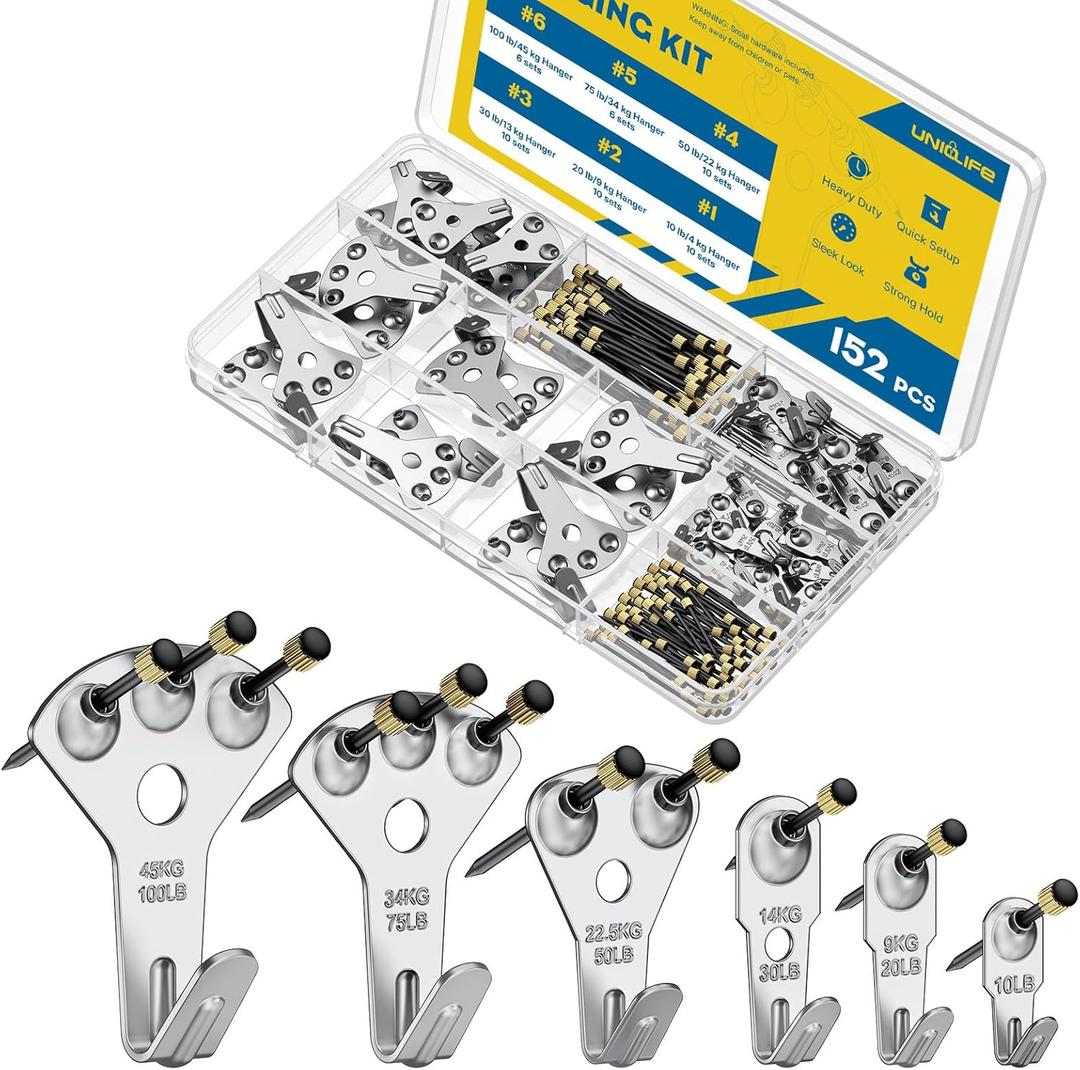 Uniclife 152 Pcs Picture Hanging Kit, 10 lb, 20 lb, 30 lb, 50 lb, 75 lb, 100 lb Heavy Duty Picture Hangers for Drywall & Wood, Picture Hanging Hooks, Frame Hooks, Silver