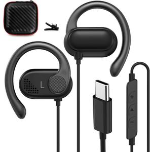 Open Ear Headphones Wired for Samsung S25 S24 Ultra S23 Fe S22+ A35, USB Type C Earphone with Mic Over Ear Wired Earbuds with Ear Hook for iPhone 17 Air 16 15 Pro Max Plus iPad Pixel 10 9 8a 7