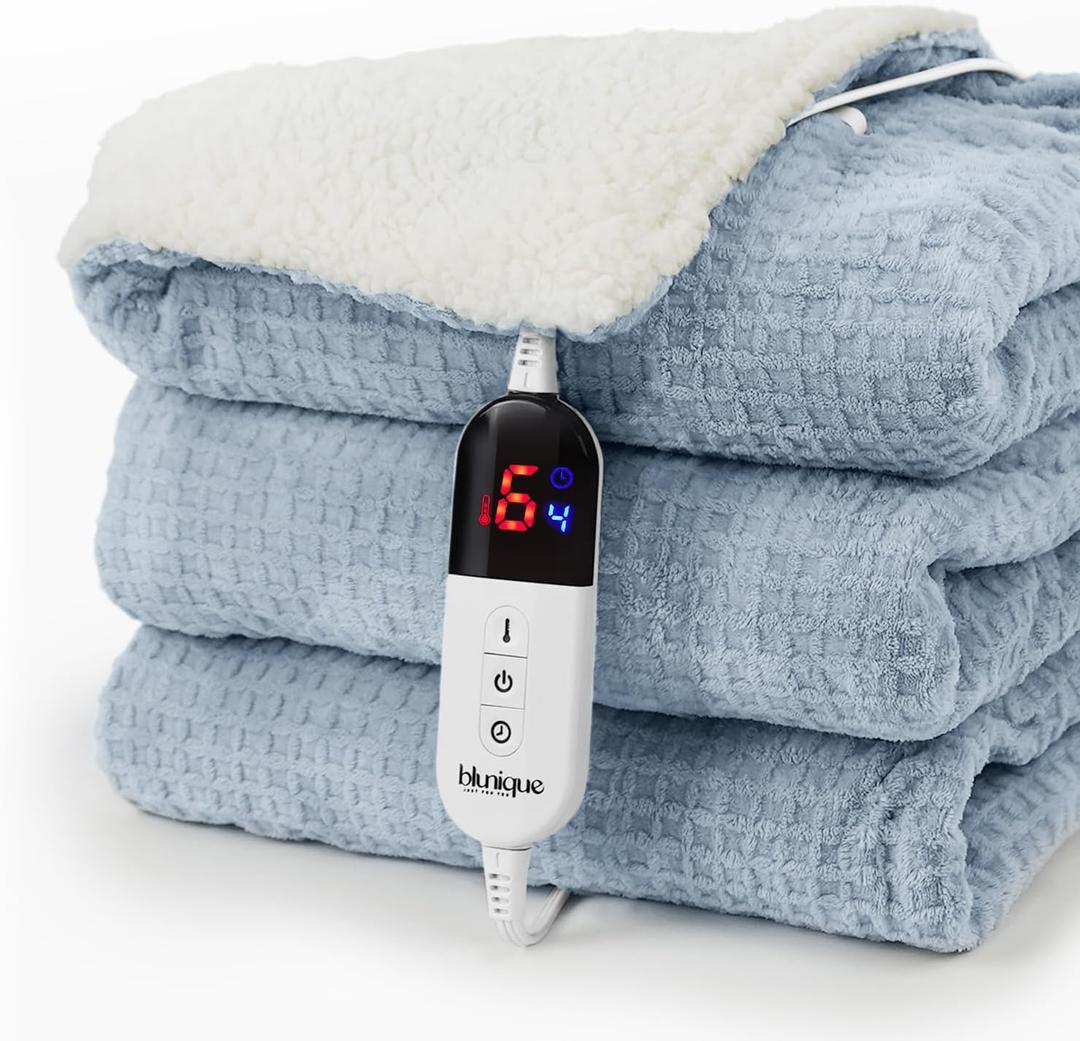 blunique Heated Blanket Electric Throw Waffle, 50x60 Inches Sherpa Fleece Fast Heating Blanket 6 Heating Levels & 4 Hours Auto Off ETL Certification,Haze Blue Throw
