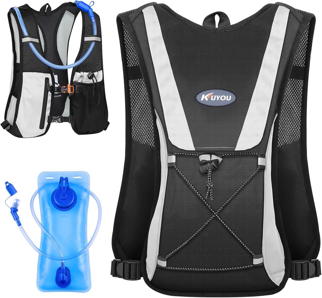 KUYOU Running Hydration Vest - Lightweight Insulated Hydration Backpack with 2L Water Bladder, Adjustable Chest Straps and Reflective Water Backpack for Trail Running Marathon Race Hiking Cycling (Black)