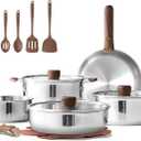 CAROTE 19pcs Stainless Steel Cookware Set with Detachable Handle, Pots and Pans Set, Induction Kitchen Cooking Sets, RV/Camping Cookware, Removable Handle, Oven Safe, Woodgrain