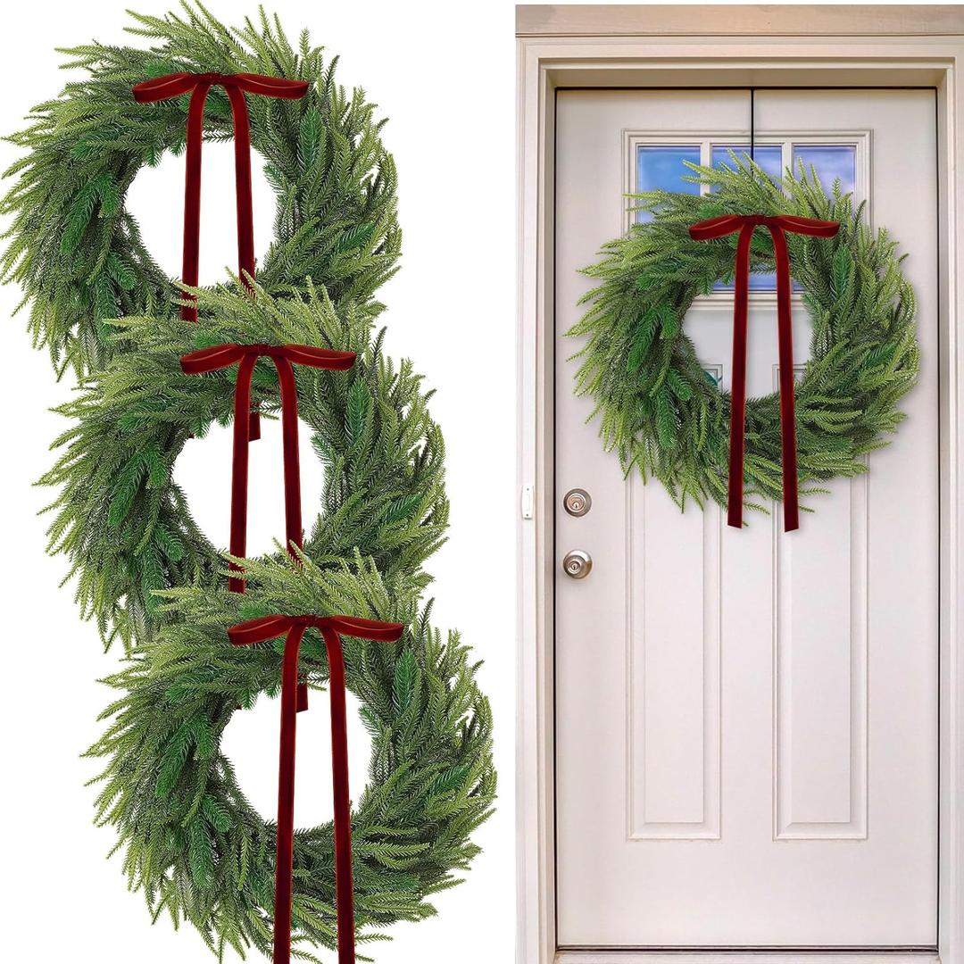 3 Pcs 20 Inch Christmas Norfolk Pine Wreath Artificial Real Touch Norfolk Wreath Winter Farmhouse Greenery Decoration with Ribbon Bow for Front Door Xmas Indoor Outdoor Home Decoration(Red)