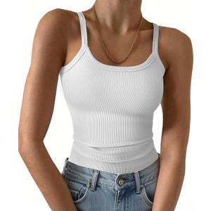 Ribbed Tank Tops for Women 2025 Spaghetti Strap Scoop Neck Slim Fitted Basic Sleeveless Casual Workout Cami Shirts (Small, A-short White)
