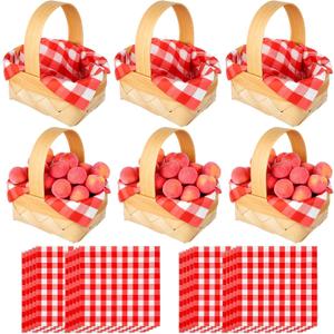 6 Pcs Mini Woven Baskets with Handles 20 Sheets Red Gingham Paper Napkins Wood Chip Small Flower Fruit Picnic Baskets for Wedding Party Favors Farmhouse Decor