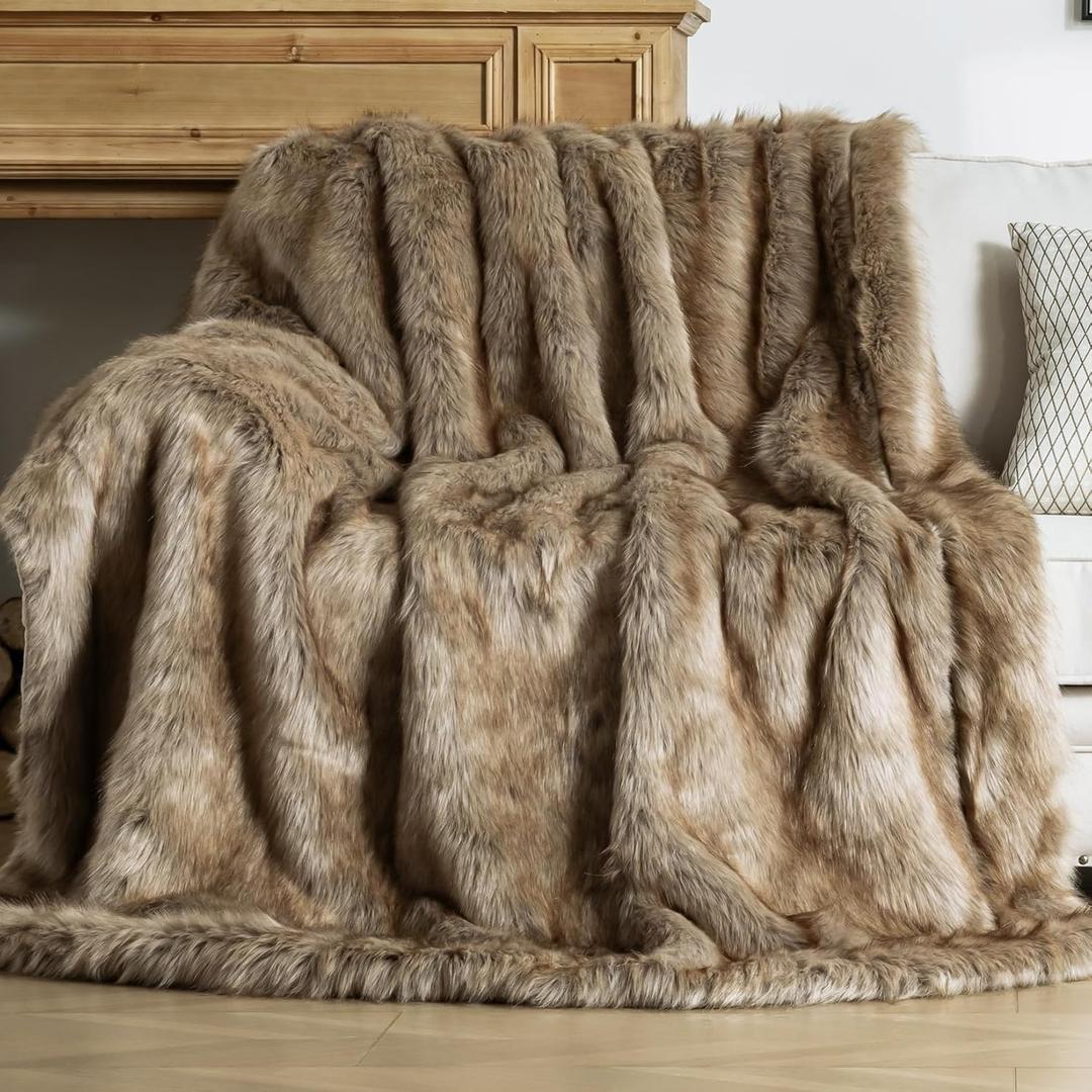 OMERAI Faux Fur Blanket, Ultra Soft Luxury Fuzzy Throw Blanket, Long Pile Plush Cozy Warm Decorative Blanket for Couch, Sofa, Chair, Bed, Heavy Weight, 50" x 60", Sandstone Fawn
