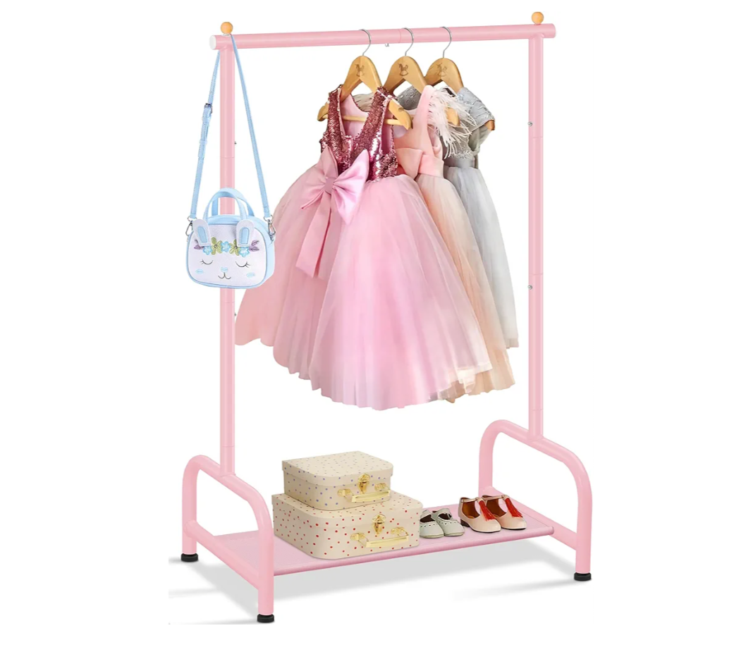 SLEEPING LAMB Kids Clothing Rack, Small Baby Clothes Rack with Bottom Storage Shelf, Kids Dress Up Rack Storage for Coats, Dance Costume Garment Rack for Hanging Clothes, Pink