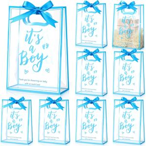 Sinload 25 Pcs Baby Shower Gifts Bags for Guests Clear Plastic Gift Bag with Die Cut Handles Reusable PP Flower Bag with Ribbon for Gender Reveal Party Guest Gift, 7x10x3.15 Inch(Boy)