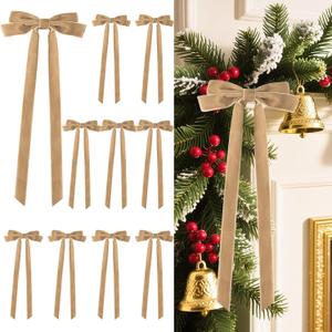 10Pcs Large Velvet Christmas Tree Bows, 20in x 8in Premade Vintage Ribbon Tree Topper Bows Ornaments for Staircase Garland Wreath Holiday Home DIY Crafts Decorations, Khaki