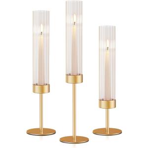 Gold Hurricane Candle Holders: Fluted Tall Candlestick Holders for Wedding Brass Taper Candle Holder Modern Candle Sticks Holder Decor for Table Centerpiece Christmas Party Home Set of 3
