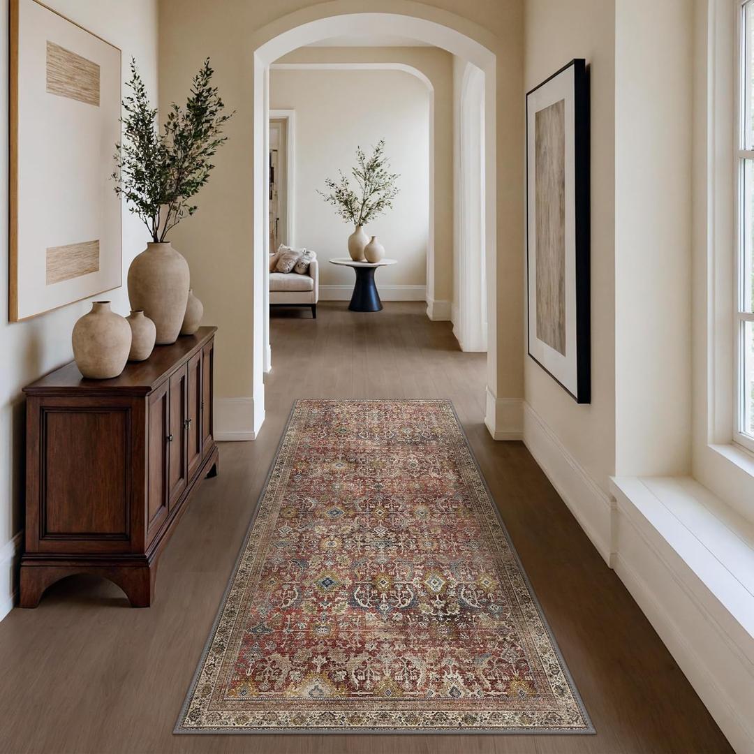 2x5 Runner Rug Machine Washable Boho Rug Runners for Hallway,Ultra-Thin Low Pile Rug,Lightweight Indoor Carpet,Non Slip Floral Runners for Enrtyway, Corridor, Home Office, Kitchen,Burgundy Red (2' x 5' (Rectangular))