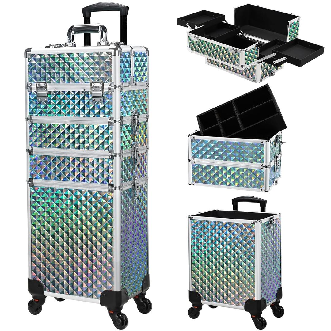 Stagiant Rolling Makeup Case Cosmetology Case on Wheels 4 in 1 Makeup Travel Case Large Cosmetic Organizer Storage with Key Swivel Wheels Nail Artist Salon Traveling Cart Trunk Watery Blue