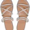 Women's Glitter Rhinestone Flat Criss Cross Strappy Open Toe Sandals Slip On Slippers (11, Beige)