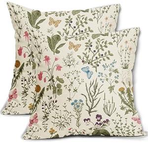 Sorfbliss Spring Floral Pillow Covers 18x18 Set of 2 Sage Green Wild Flower Plant Vintage Botanical Print Decorative Throw Pillow Cases Outdoor Seasonal Farmhouse Decor for Sofa Couch Bed