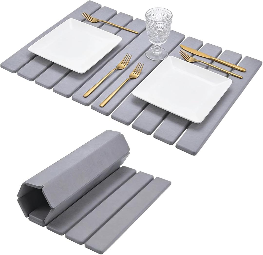 Collapsible Stone Dish Drying Mat for Kitchen Counter - 24" x 16" Diatomaceous Earth Mat, Super Absorbent & Quick Dry, Include Anti-Slip Pad & Sanding Tool, Grey