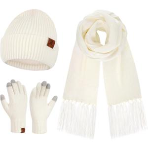 Womens Winter Hats Long Scarf Touch Screen Gloves Set Knit Warm Beanie Hat Scarves Gloves for Women Cold Weather Fleece Gifts (One Size, White)