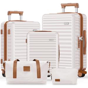 SHOWKOO Luggage Sets 3 Piece Hardside Expandable Suitcase with Double Spinner Wheels Tsa Lock, (Beige White, 5 piece set)