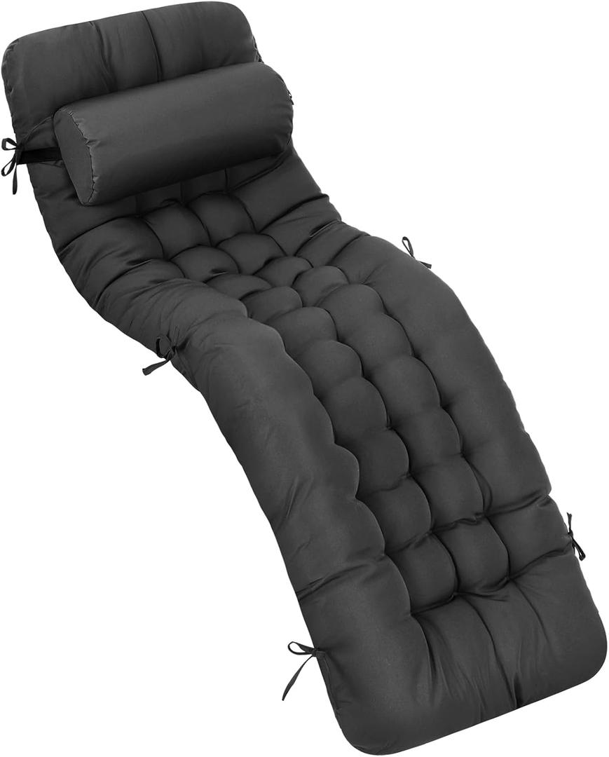 Tudomro 66'' Outdoor Chaise Lounge Cushion Waterproof Patio Pool Chaise Lounge Cushion with Headrest Pillow Tie Fade Resistant Replacement Longue Rocking High Back Chair(Grey,1 Pcs)