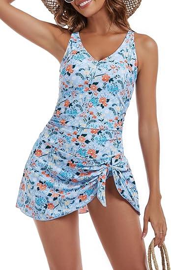 ALDONGER Girls One Piece Swimdress Floral Skirt Bathing Suit Swim Hawaiian Beach Swimwear Floral Blue,  S