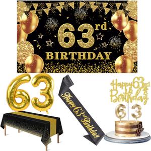 63rd Birthday Decorations Men Women with 63rd Birthday Banner, Black and Gold Table Cloth, Number Balloons, Large Sash, Cake Topper and Candles