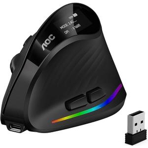 AOC 2.4GHz Ergonomic Mouse, Wireless Bluetooth Vertical Mouse for Work, 4800 DPI Optical Tracking, 5 Adjustable DPI, Quiet Clicks, RGB Light, Compatible with Computer, Laptop, PC, Mac, Desktop - Black