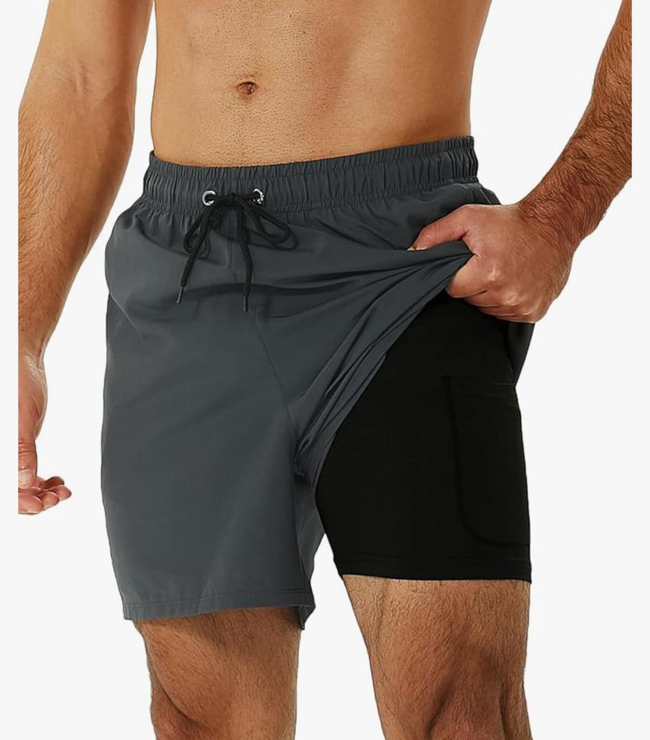 SILKWORLD Mens Swimming Trunks with Compression Liner 2 in 1 Quick-Dry Swim Shorts with Zipper Pockets Grey XL
