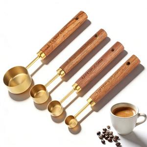 Gold Measuring Spoons Set of 3, Stainless Steel Coffee Measuring Scoop with Wooden Handles Teaspoon Measuring Cups for Coffee Tea Spices Cooking Baking