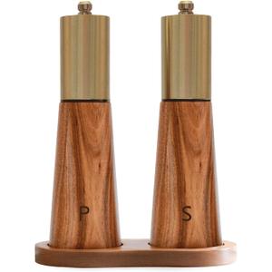Salt and Pepper Grinder Set Gold Manual Pepper Grinder with Wooden Base, Adjustable Coarseness Refillable Ceramic Blade Grinding Enjoy Fresh Ground Pepper Salts with Spices, 2pcs