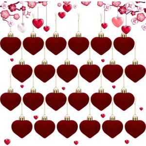 Riceshoot 24 Pcs Valentine's Day Flocked Heart Ornaments Romantic Red Heart Hanging Decorations Baubles for Small Tree Valentines Party Home Decor