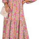 ANRABESS Womens Boho Maxi Dresses 2026 Summer V Neck Puff Sleeve Floral Flowy Swing Fall Casual Long Dress XL,Greygreen Pink Floral